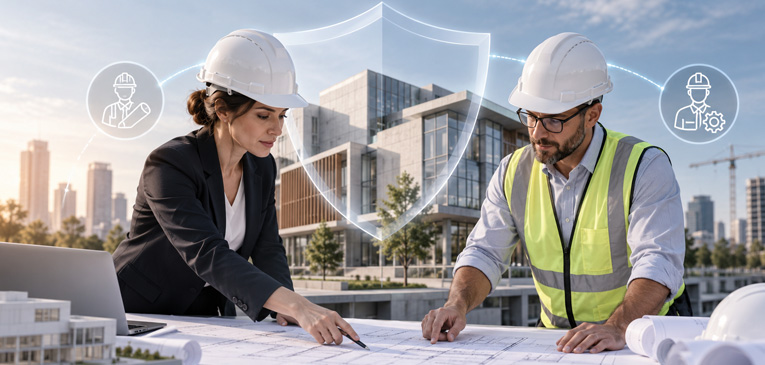 Architect and subcontracted engineer reviewing construction plans with professional liability protection